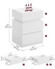 White Bedside Table with LED Lights and 3 Storage Drawers for Bedroom by Vasagle
