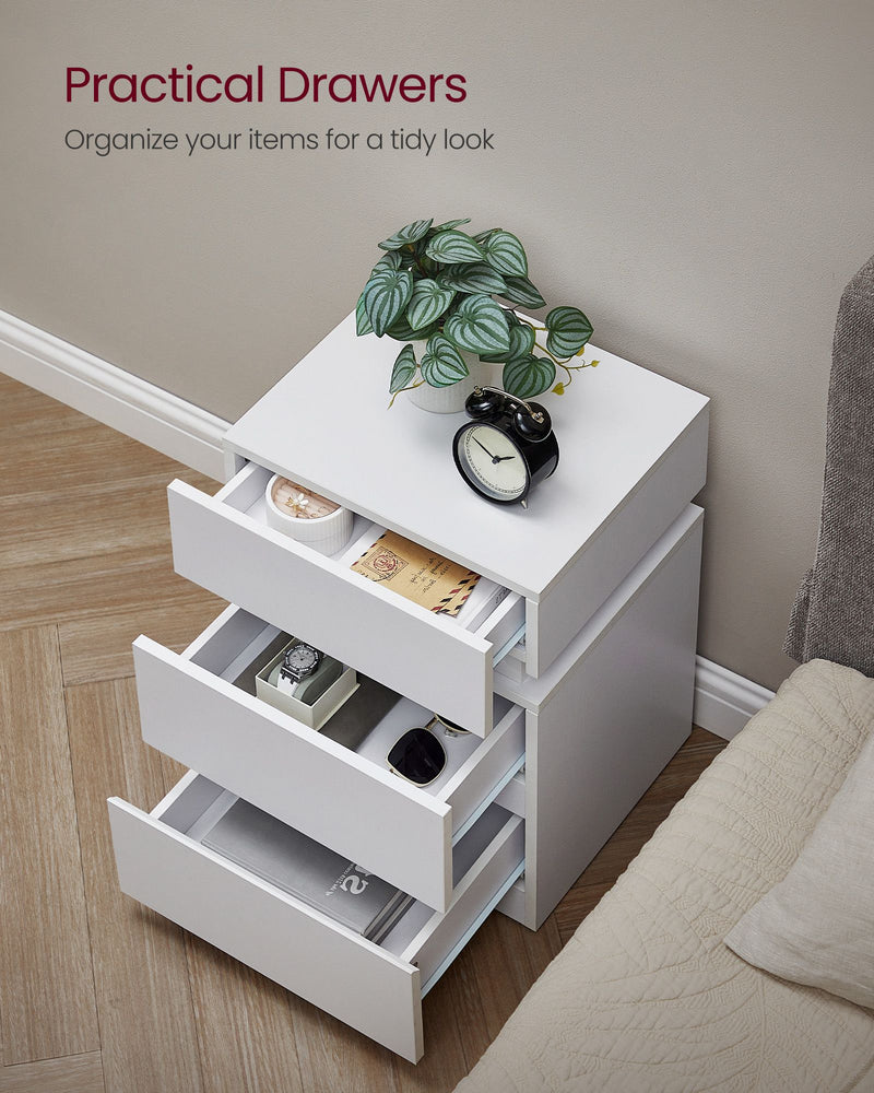 White Bedside Table with LED Lights and 3 Storage Drawers for Bedroom by Vasagle