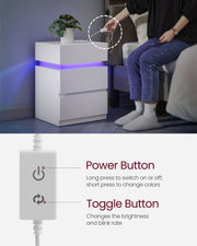 White Bedside Table with LED Lights and 3 Storage Drawers for Bedroom by Vasagle