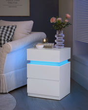 White Bedside Table with LED Lights and 3 Storage Drawers for Bedroom by Vasagle