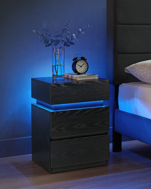 Ebony Black Bedside Table with LED Lights and 3 Storage Drawers by Vasagle