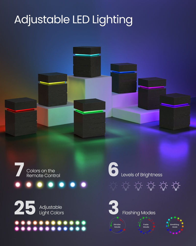 Ebony Black Bedside Table with LED Lights and 3 Storage Drawers by Vasagle