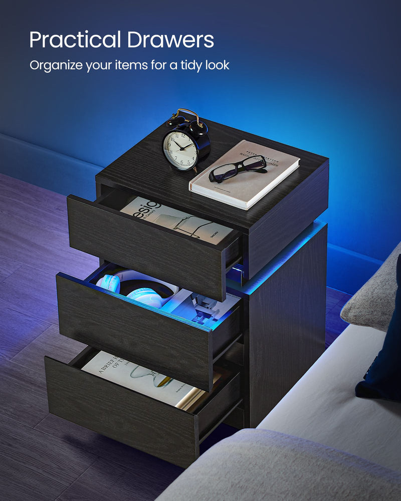 Ebony Black Bedside Table with LED Lights and 3 Storage Drawers by Vasagle