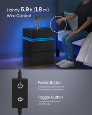 Ebony Black Bedside Table with LED Lights and 3 Storage Drawers by Vasagle