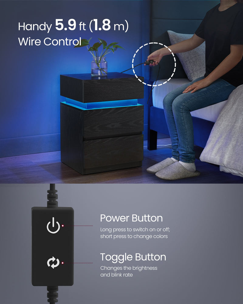 Ebony Black Bedside Table with LED Lights and 3 Storage Drawers by Vasagle