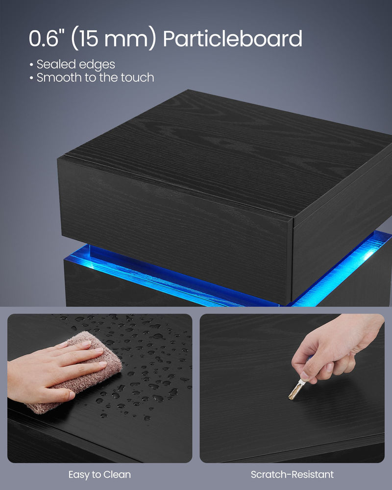 Ebony Black Bedside Table with LED Lights and 3 Storage Drawers by Vasagle