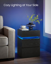 Ebony Black Bedside Table with LED Lights and 3 Storage Drawers by Vasagle