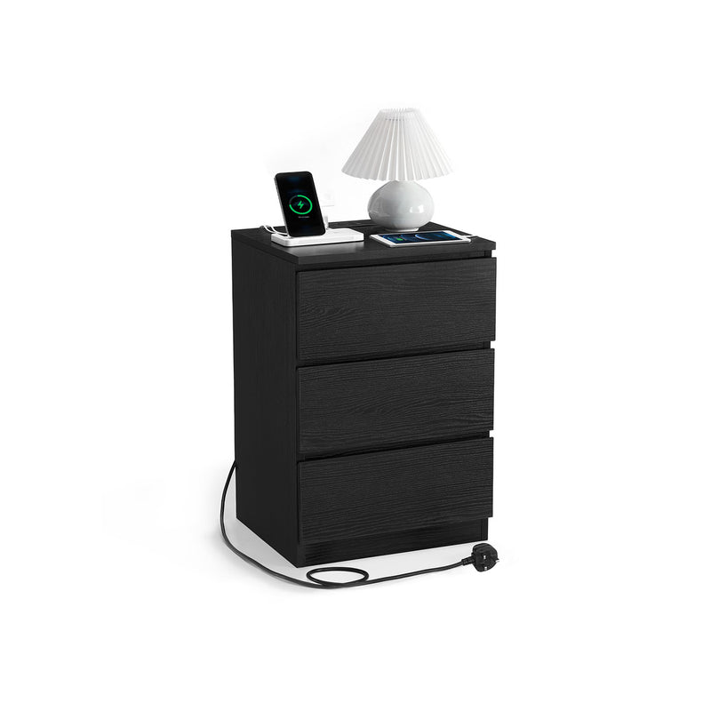 Ebony Black Bedside Table with Charging Station and 3 Drawers for Bedroom by Vasagle