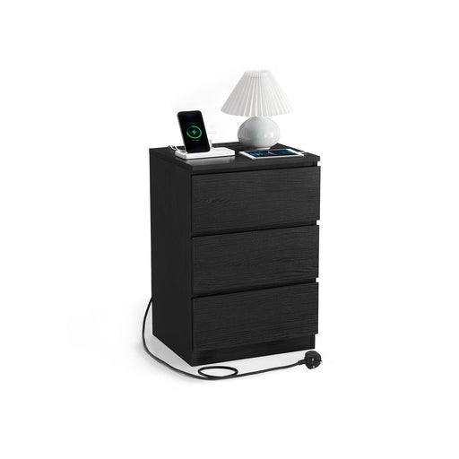 Ebony Black Bedside Table with Charging Station and 3 Drawers for Bedroom by Vasagle