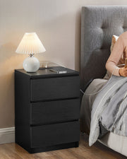 Ebony Black Bedside Table with Charging Station and 3 Drawers for Bedroom by Vasagle