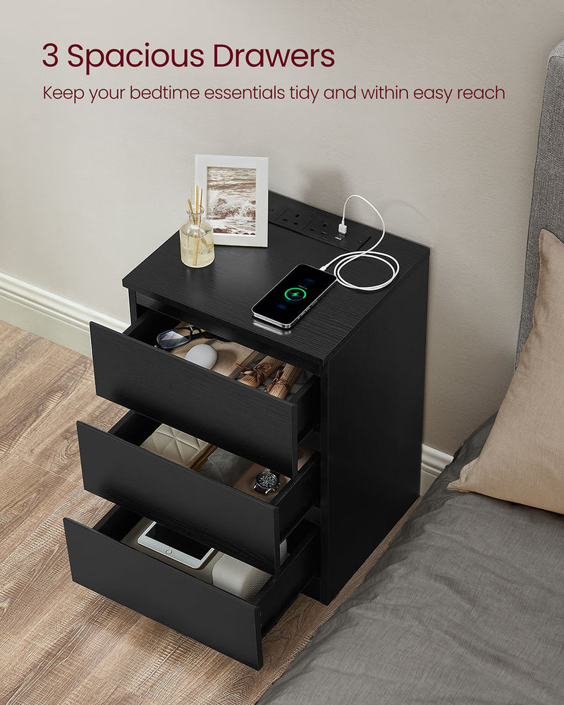 Ebony Black Bedside Table with Charging Station and 3 Drawers for Bedroom by Vasagle