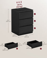 Ebony Black Bedside Table with Charging Station and 3 Drawers for Bedroom by Vasagle