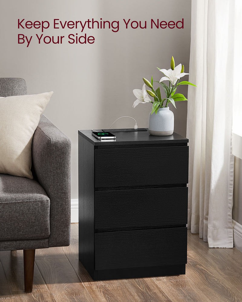 Ebony Black Bedside Table with Charging Station and 3 Drawers for Bedroom by Vasagle