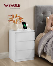 White Bedside Table with Charging Station and Storage Drawers for Bedroom by Vasagle