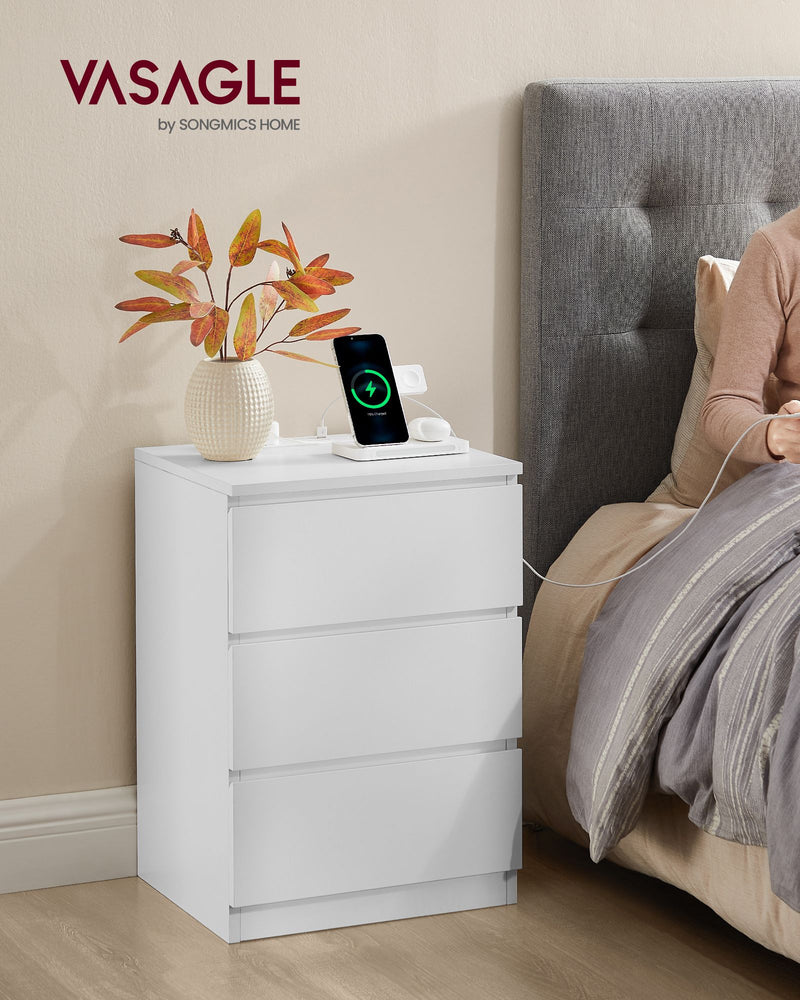 White Bedside Table with Charging Station and Storage Drawers for Bedroom by Vasagle