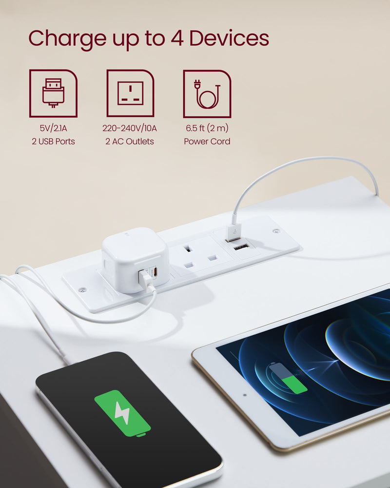 White Bedside Table with Charging Station and Storage Drawers for Bedroom by Vasagle