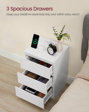 White Bedside Table with Charging Station and Storage Drawers for Bedroom by Vasagle
