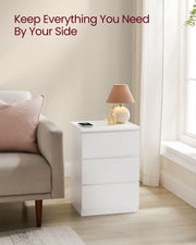 White Bedside Table with Charging Station and Storage Drawers for Bedroom by Vasagle