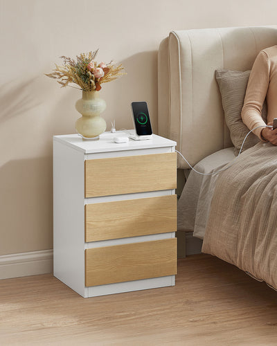 White and Yellow Bedside Table with Charging Station and Storage Shelf by Vasagle