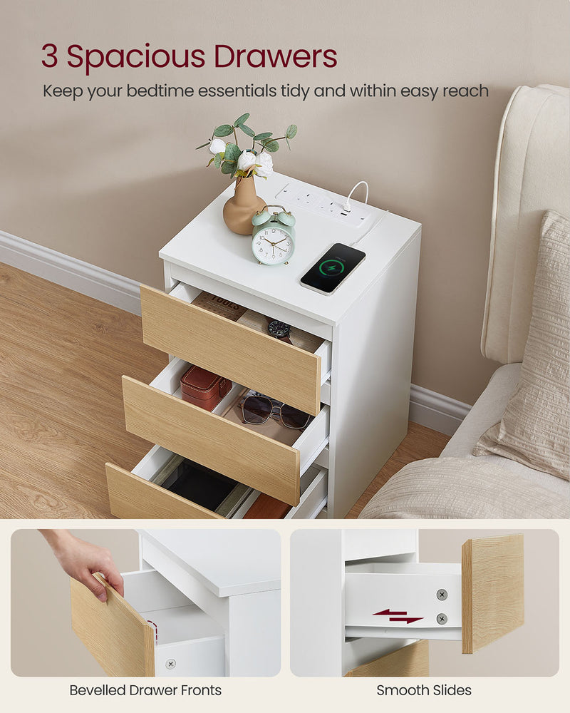 White and Yellow Bedside Table with Charging Station and Storage Shelf by Vasagle