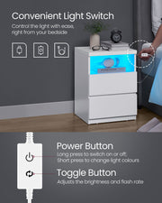 Modern Nightstand with Adjustable LED Light and Storage Drawers for Bedroom by Vasagle