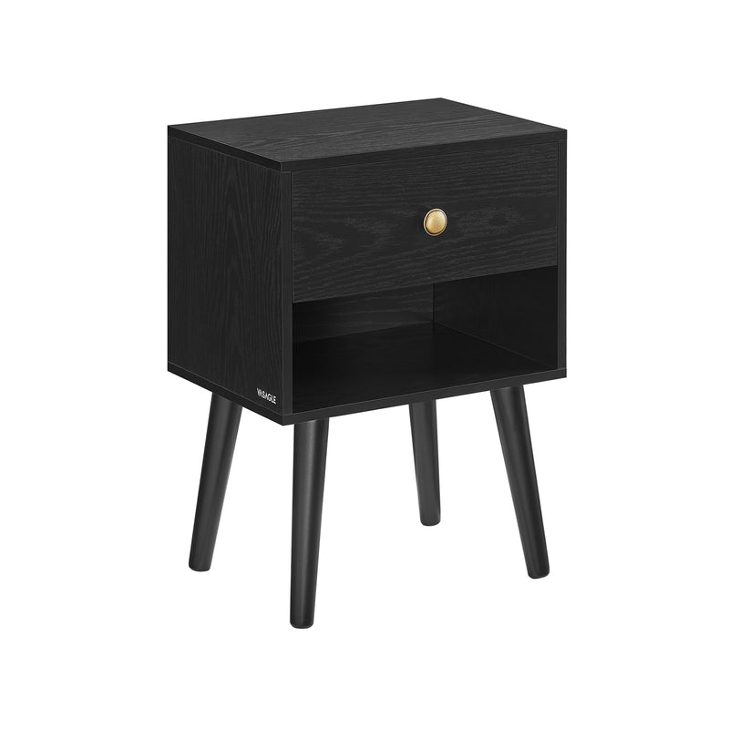 Black Bedside Table with Drawer and Solid Wood Legs for Bedroom Storage by Vasagle