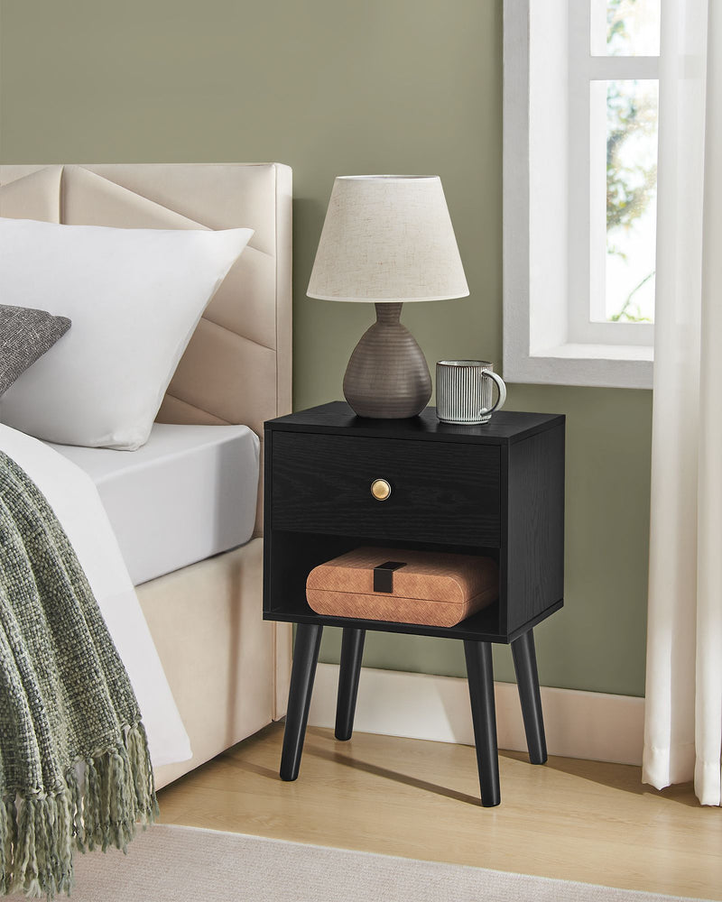Black Bedside Table with Drawer and Solid Wood Legs for Bedroom Storage by Vasagle