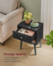 Black Bedside Table with Drawer and Solid Wood Legs for Bedroom Storage by Vasagle