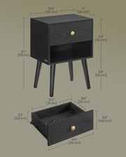 Black Bedside Table with Drawer and Solid Wood Legs for Bedroom Storage by Vasagle