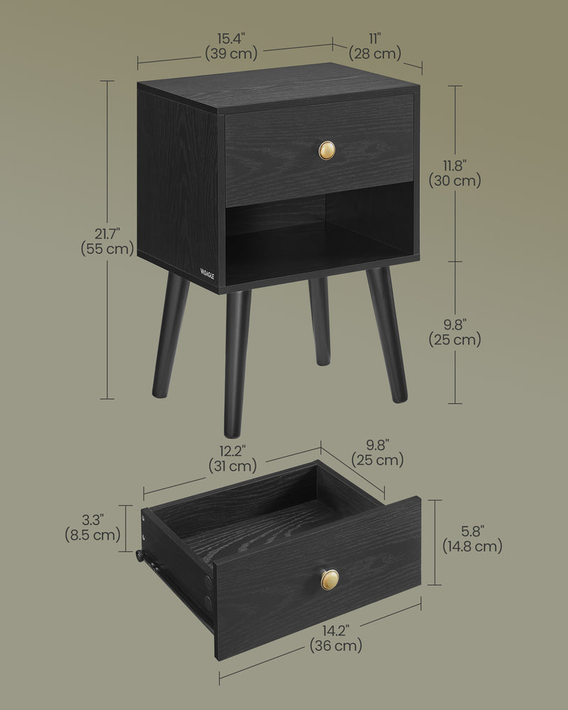 Black Bedside Table with Drawer and Solid Wood Legs for Bedroom Storage by Vasagle