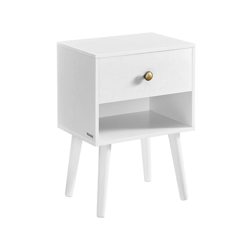 White Bedside Table with Drawer and Solid Wood Legs for Bedroom Storage by Vasagle