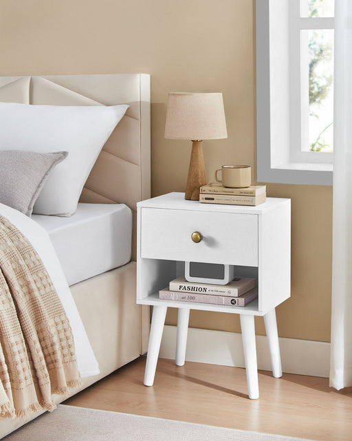 White Bedside Table with Drawer and Solid Wood Legs for Bedroom Storage by Vasagle