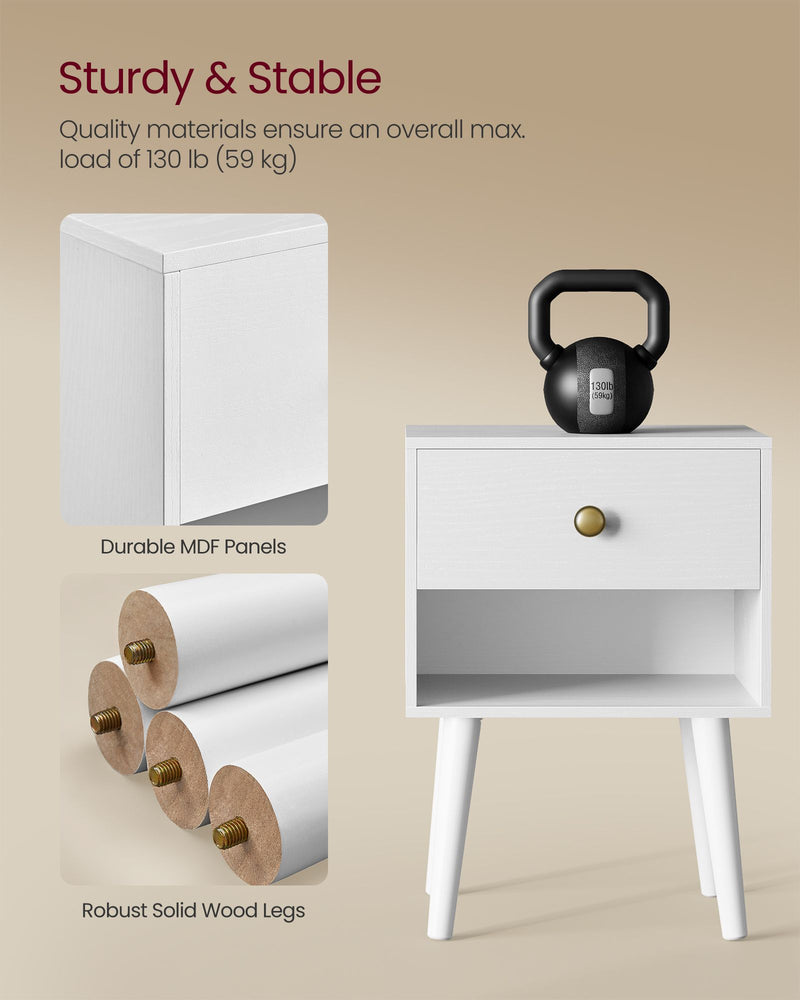 White Bedside Table with Drawer and Solid Wood Legs for Bedroom Storage by Vasagle