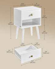 White Bedside Table with Drawer and Solid Wood Legs for Bedroom Storage by Vasagle