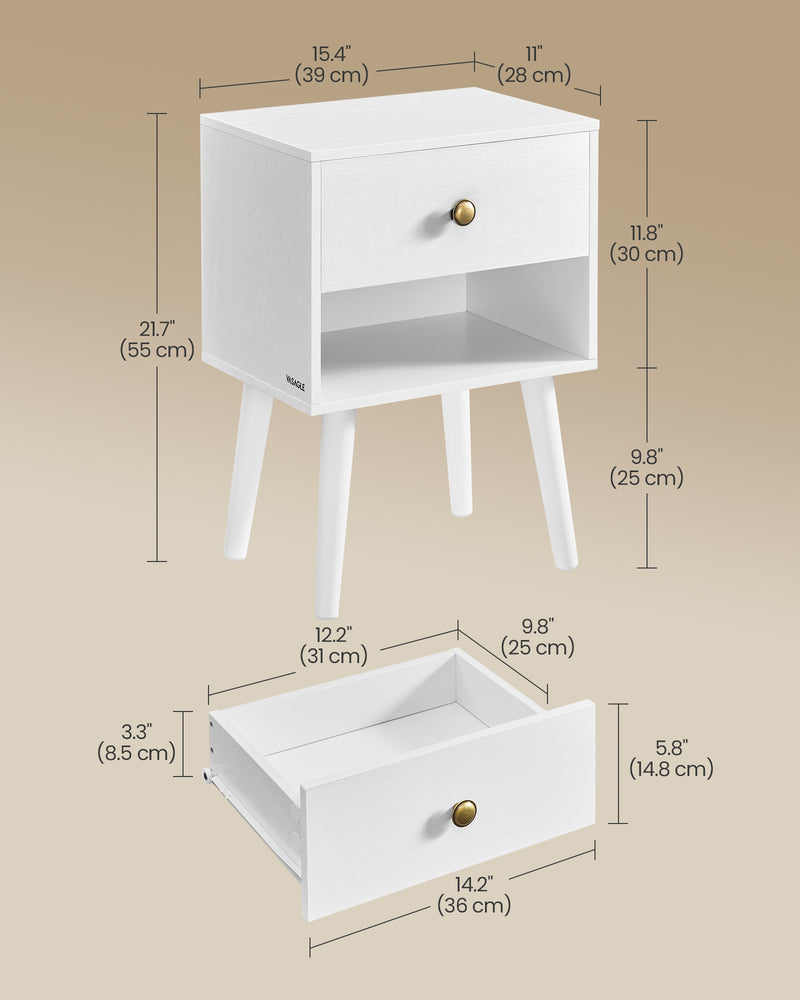 White Bedside Table with Drawer and Solid Wood Legs for Bedroom Storage by Vasagle