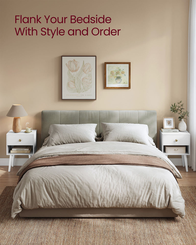 White Bedside Table with Drawer and Solid Wood Legs for Bedroom Storage by Vasagle