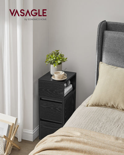 Adjustable Narrow Bedside Table with Drawers and Shelf Space Saving Ebony Black by Vasagle