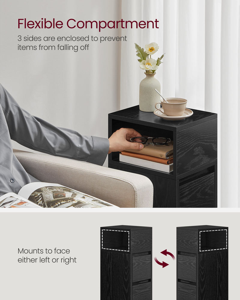 Adjustable Narrow Bedside Table with Drawers and Shelf Space Saving Ebony Black by Vasagle