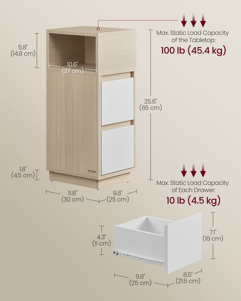 Slim Bedside Table with 2 Drawers for Small Spaces Bedroom Storage by Vasagle