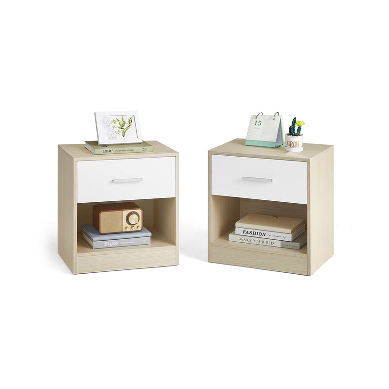 Set of 2 Bedside Tables with Drawer and Open Shelf in White and Beige by Vasagle