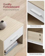 Set of 2 Bedside Tables with Drawer and Open Shelf in White and Beige by Vasagle