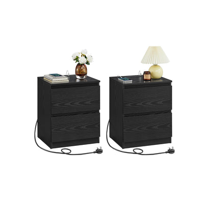 Set of 2 Black Nightstands with Charging Station and USB Ports for Bedroom by Vasagle