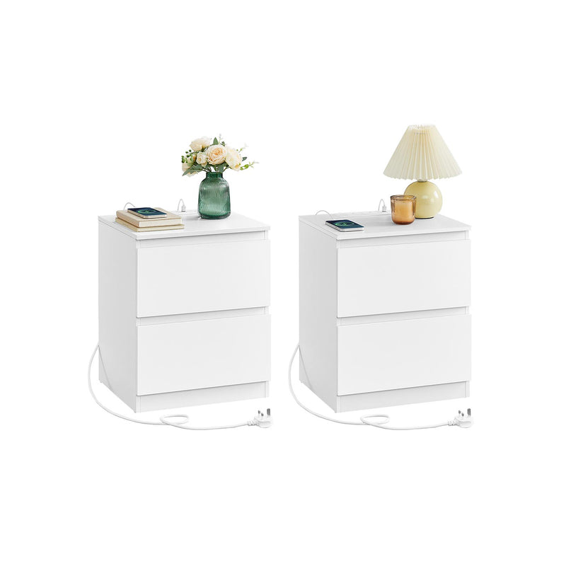 Set of 2 White Nightstands with Charging Station USB Ports and Storage by Vasagle