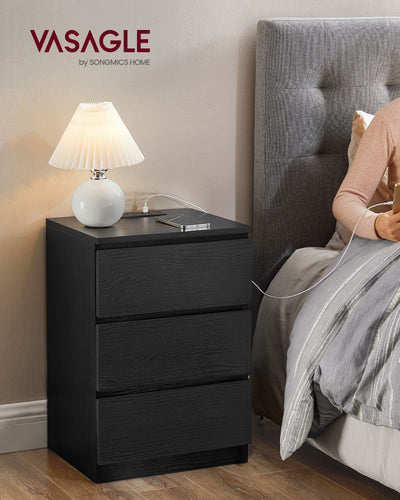 Set of 2 Black Bedside Tables with Charging Station and Storage Drawers by Vasagle