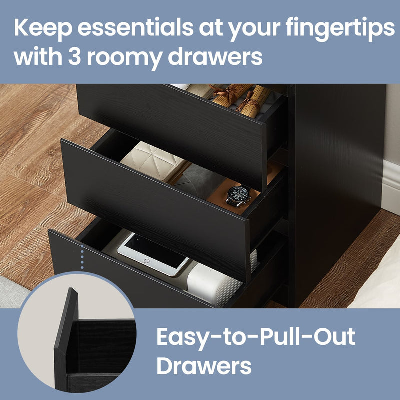 Bedside Tables with Charging Station Set of 2 with 3 Drawers for Bedroom by Vasagle