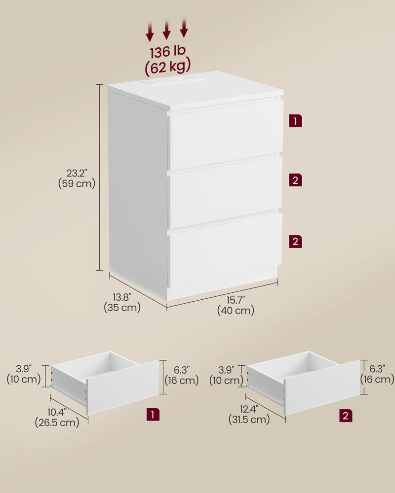 Set of 2 Bedside Tables with USB Charging Ports and Storage Drawers by Vasagle