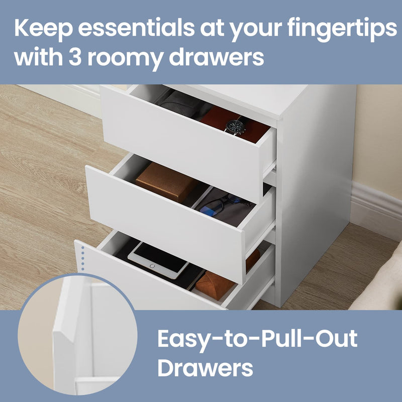 Set of 2 Bedside Tables with Charging Station and 3 Drawers for Bedroom Storage by Vasagle