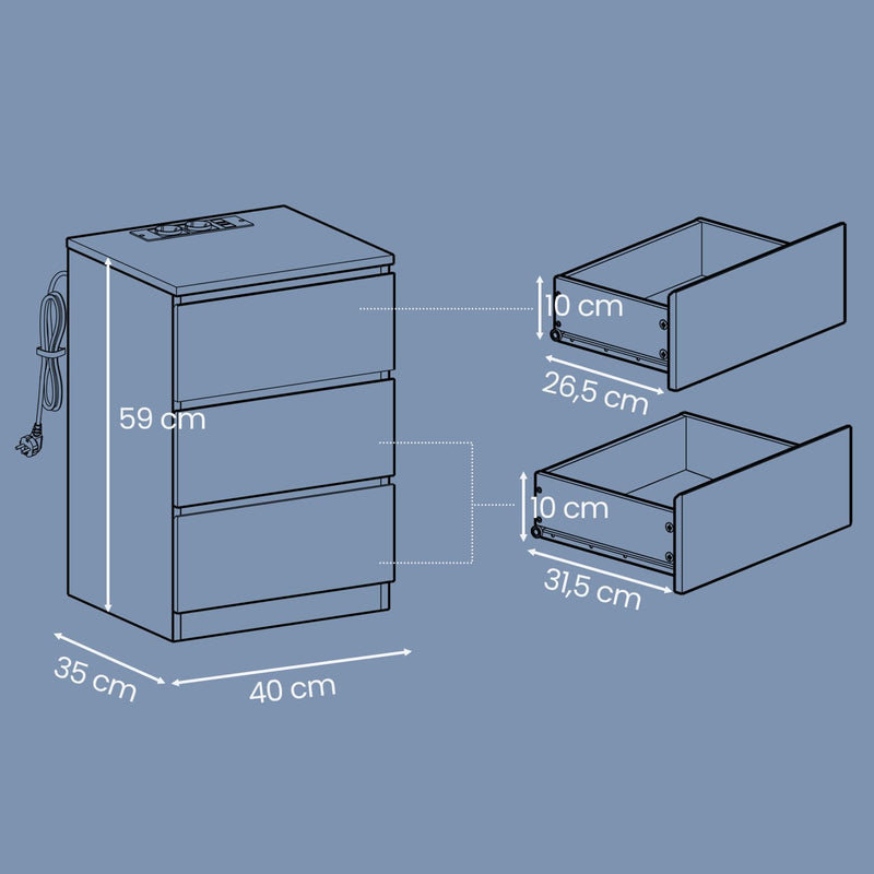 Set of 2 Bedside Tables with Charging Station and 3 Drawers for Bedroom Storage by Vasagle