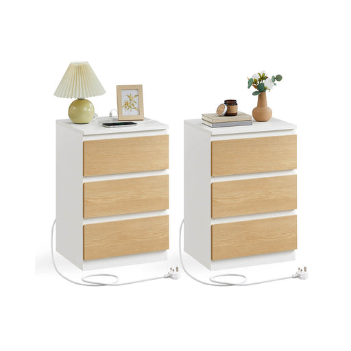 Set of 2 White and Yellow Bedside Tables with USB Charging Station by Vasagle