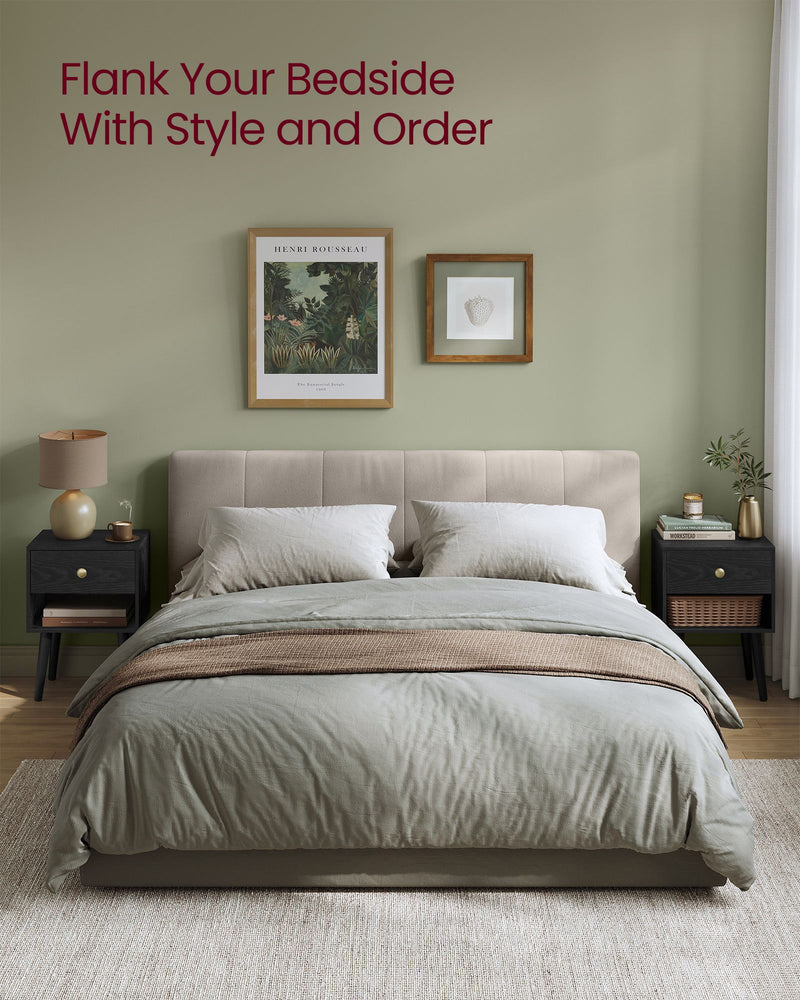 Set of 2 Black Bedside Tables with Drawers and Solid Wood Legs for Bedroom by Vasagle